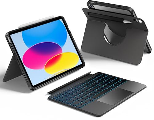 HOU Custodia con Tastiera per iPad A16 11a/10a Gen,Tastiera Rotabile e Staccabile per iPad 11/10,Portapenne Elastico,Copertura di Protezione Completa,Retroilluminazione a 7 Colori,Trackpad Multi-Touch