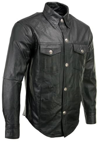 Milwaukee Leather MLM1611 Men's Premium Black Leather Casual Biker Rider Shirt w/Vintage 5 Cent Buffalo Buttons - 2X-Large
