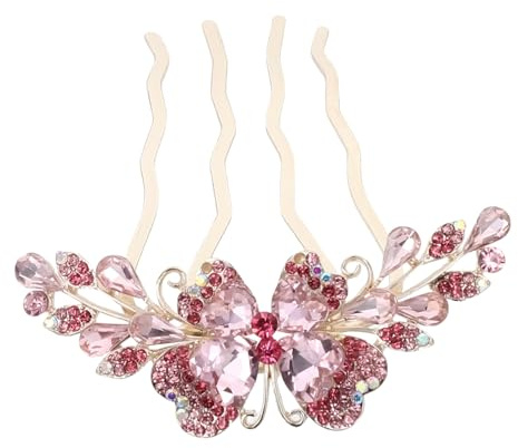 Mikinona Accessoire Cheveux Mariage en Métal Strass, Barrette à Cheveux 4 Dents Rose pour Femmes et Filles, Coiffure Élégante pour Mariées et Bals