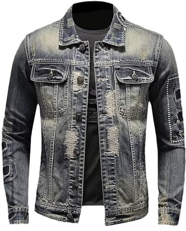 Veste Costume Hommes Pied De Poule Veste en Jean Slim à la Mode rétro déchirée pour Hommes Blouson Homme Cuir Nubuck (Grey, M)