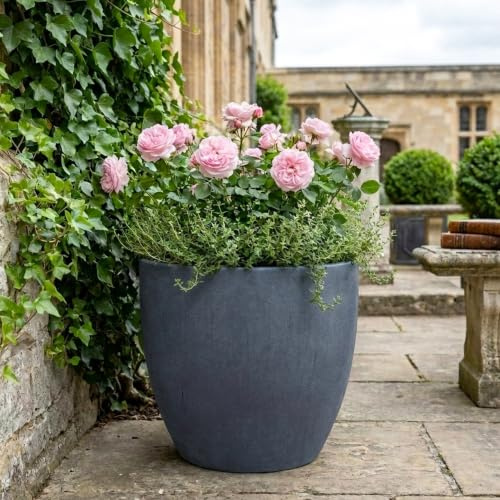 IDEALIST Plant Pots 40cm Plant Pot, Slate Reinforced Stone Planter, 45L | 1 Pack, W40 H36 cm, Inner Top D36 cm, Dark Grey, Frostproof, Drainage Holes, Lightweight, Medium Size, Egg Pot, Flower Pot