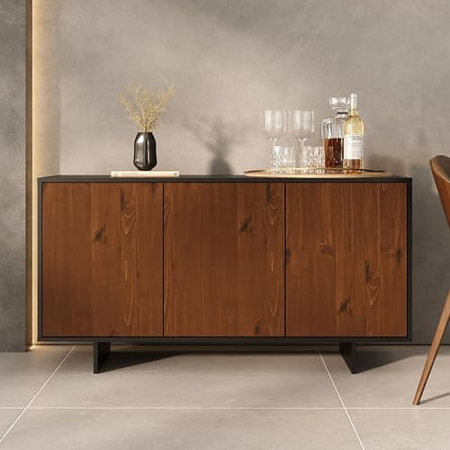 Sideboard ARTO mit 3 Türen, Kastanie Finish- modernes Sideboard mit Stauraum, robuste Anrichte, ideal für Wohn-, Ess- oder Flurbereich, harmonische Kombination aus Holzoptik und schwarzem Rahmen