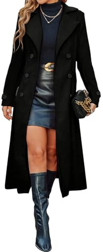 LIUYUYOUGO Womens Long Wool Pea Coat Notched Lapel Double Breasted Trench Coats Elegant Slim Fit Longline Wool Blend Overcoat Fall Winter Warm Dressy Jackets Duster Outwear Black S