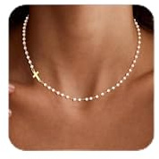 AOSWUD Collar de Perlas Cruz de Oro para mujer,Collares Colgante de Cruz Chapado en Oro de 14 Quilates Joyería de la fe Regalos Religiosos (Dorado)