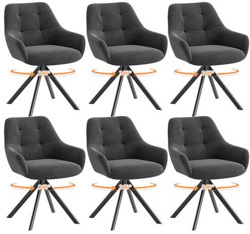MALOL Drehbare Esszimmerstühle 6er Set, 360° Drehbare Armlehnstühle mit weichem Florstoff & Metallgestell, Bequeme Esszimmerstühle Drehbar mit Rückenlehne für Küche, Esszimmer, Büro, Grau