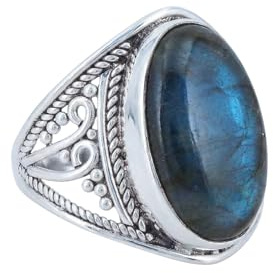 mantraroma Silberring Damen Labradorit 925 – Cabochon Edelstein Ring Vintage