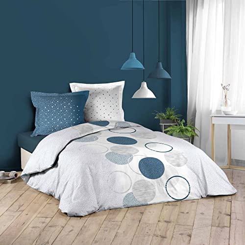 Douceur d'Intérieur, Parure de Lit 3 Pièces (240 x 220 cm) Voie Lactee Bleu, 100% Coton