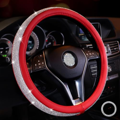 Lifetooler Lenkradbezug Glitzer mit Bling Strass Lenkradhülle Leder Strasssteine Atmungsaktive Universal 38cm/15 Inch Bequem Anti Rutsch Auto Accessoires für Frauen (rot-weiß)