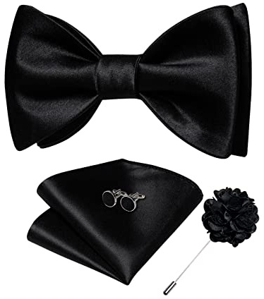 DiBanGu Black Bow Tie for Men Formal Satin Self-tied Bowtie Pocket Square Cufflinks with Lapel Pin for Bussiness Party