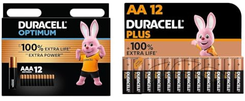 Duracell Batterie Optimum AAA(pacco da 12)-alcaline da 1.5V-Fino al 100% di extra durata & Batterie Plus AA (pacco da 12) Alcalina 1.5V - Fino al 100% di extra durata