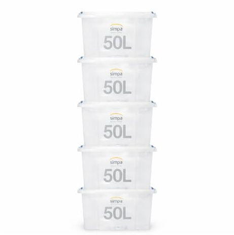 simpa 50 Litre 50L Stackable Plastic Storage Box with Clear Click Lock Closure Lid - 29cm (H) x 58cm (L) x 40cm (W) - Set of 5