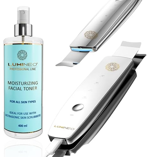 Lumineo Dispositivo esfoliante ad ultrasuoni con 4 funzioni: ultrasuoni, ioni, EMS, LED, rimozione di punti neri, acne, detergente per pori, peeling, tonnellata da 400 ml (Starter Set Lifting)