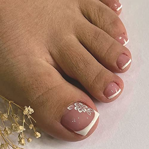Clataly 24pcs Quadratische Blumen Fake Nägel Glossy Glitter Toe Print Kurze Nägel Acryl Falsche Zehen Künstliche Zehennägel für Frauen Mädchen (A)