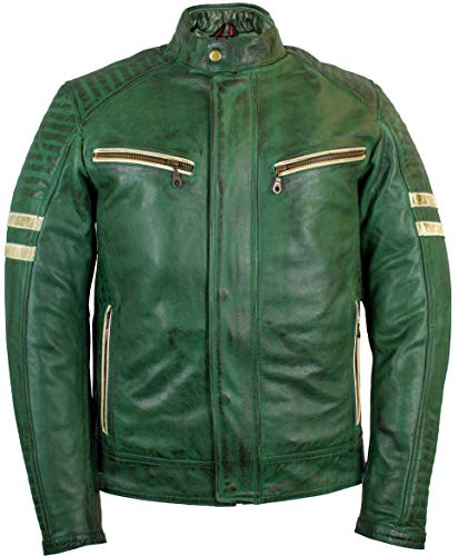 Herr biker motorcykeljacka läderjacka med skydd, oxläder, Grön, 3XL