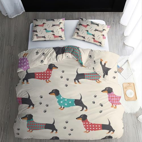 WQIZXCW Dackel Bettwäsche 200x220, Bunte Dachshund Wendebettwäsche, 110gsm Microfaser Bettbezug Set 3 Teilig, Weich & Kuschelig & Bügelfrei, 2 Kissenbezug 80x80, mit Reißverschluss
