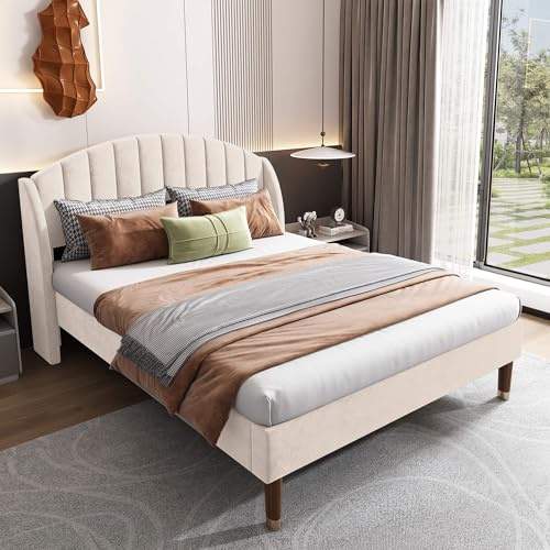 Polsterbett Doppelbett 160x200cm mit Lattenrost und Bettgestell, Stauraumbett Jugendbett mit Kopfteil, Holzlattenunterstützung, Samt Continentalbett, Stauraum unter dem Bett, Ohne Matratze, Beige