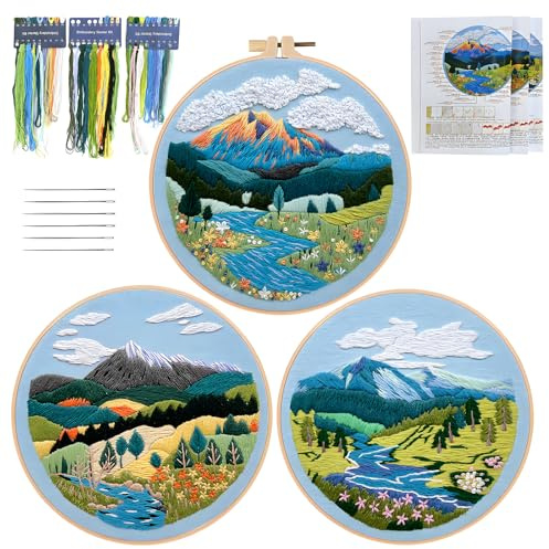 SwirlColor broderisatser för vuxna 3 set, utmärkt broderityg briljant broderisats kit för nybörjare med broderitråd – landskap
