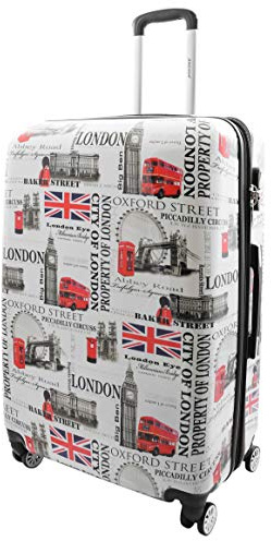 Avvikande detaljhandel hårt skal resväska London City tryck expanderbart bagage 4 hjul spinner, Vitt, L, Resväska