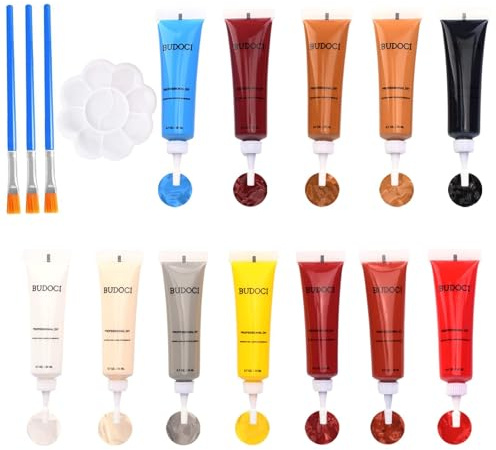 BUDOCI Set di Riparazione in Pelle con 12 Colori, Crema Liquida per Riparazione Pelle Miscelabile, Kit di Riparazione Pelle Nero per Volante Auto, Divano, Giacca, Portafoglio, Cintura, Scarpe