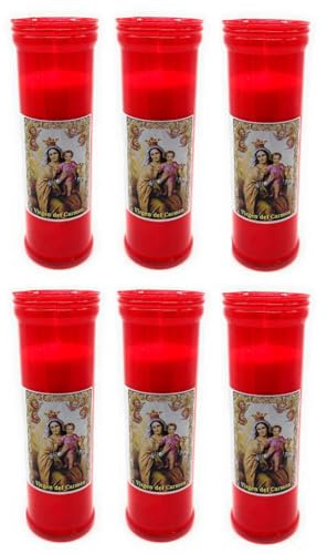 Tradineur - Pack de 6 velones santos Virgen del Carmen, velas litúrgicas de parafina y cera vegetal, decoración de iglesias, cementerios, tumbas (Rojo - 18,5 cm)