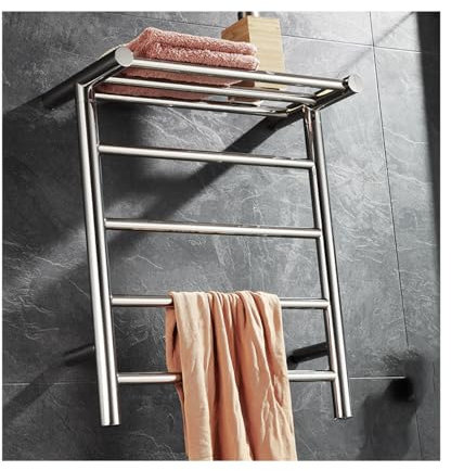 Scaldasalviette da bagno con controllo costante della temperatura Portasciugamani elettrico in acciaio inossidabile Portasciugamani da parete con ripiano superiore Finitura argento Design plug-in