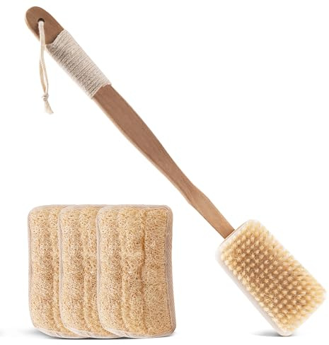 Spazzola per il corpo naturale con manico lungo e cuscinetto Luffa, spazzola per la schiena 2 in 1, peeling e pulizia, setole naturali, manico in cotone antiscivolo e gancio per la pulizia del corpo