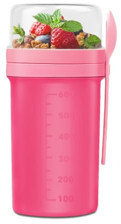 OAKENCREST Taza de Yogur 650ml+250ml, Porta Yogur y Fruta Vaso de Cereales para Levar con Cuchara yTapas, Reutilizable Porta Vaso Portátil Taza de Cereales con Recipiente para Ensaladas (Rosa)
