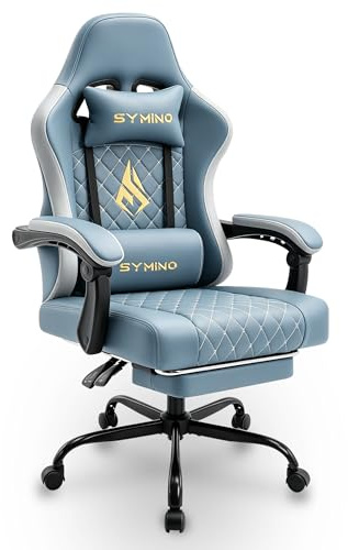 Symino Silla Gaming Ergonómica con Asiento de Espuma Alta Densidad, Reclinable con Soporte Lumbar, Reposabrazos Ergonómicos, Giratoria 360° para Oficina y Escritorio, Azul