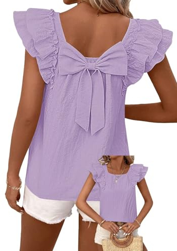TUUHAW T-Shirt da Donna Manica Corta Bluse Girocollo Casual Elegante Top con Volant Camicie con Fiocco Posteriore Maglietta Estive Lilla Chiaro M