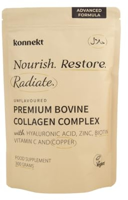 Collagen Peptides Powder 10,000mg, Hydrolysed Type I & III Bovine Collagen Complex with Hyaluronic Acid, Vitamin C, Biotin & Zinc, Hair Skin & Nails Support, Halal & Gluten Free (300g, Unflavoured)