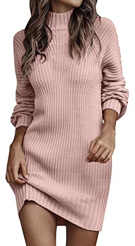 Generisch Vestido de punto para mujer, invierno, manga larga, cuello alto, monocolor, informal, suéter vestido, vestido para mujer, Rosa., M