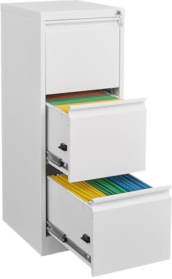 3 Drawers Filing Cabinets, Vertical File Cabinet with Lock, Metal Lockable Printer Stand for Letter/Legal/A4 Size, Utility Storage Cupboard Locker for Home Office 37.5 x 30 x 103 cm - White