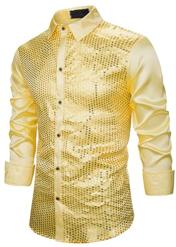Herren Pailletten Hemd Glitzer - 70er Jahre Disco Outfit Männer, Glänzendes Satin Partyhemd Langarm, Metallic Hemden für Karneval, Fasching & Schlager Party, Bühne Tanz Kostüm (A01-Gold, L)