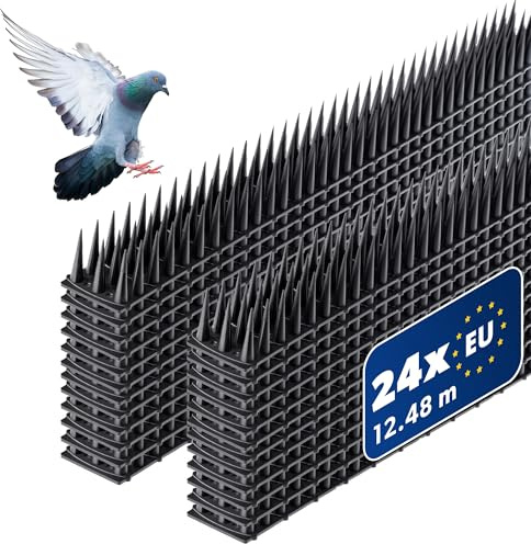 KADAX 24er Set Vogelabwehr Spikes, Kunststoff, 51x4x3,5 cm, 3-reihig, für Tauben, Katzen, Marder, Zaun, Balkon, Dach, Fensterbank, robust und wetterbeständig, frei zuschneidbar, Schwarz