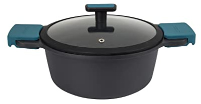 ARCOS Thera Olla Grande de Cocina de 24 Cm y 4 L. Cacerola Alta para Inducción, Gas y Vitrocerámica. Olla de Aluminio Fundido con Tapa de Cristal y Mango Extraíble. Apta Lavavajillas. Color Negro Azul