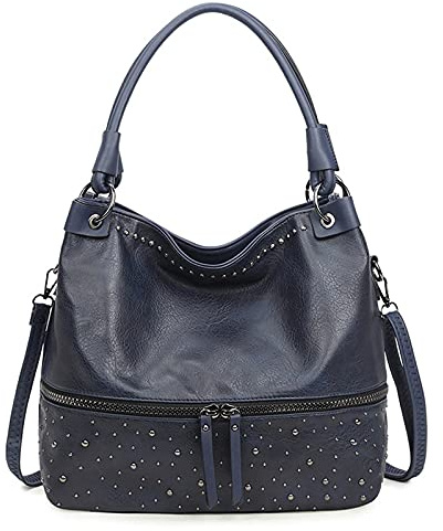 FANDARE Retro Handtaschen Damen Schultertasche Umhängetasche Frauen PU Leder Wasserdicht Tragetasche große Kapazität Niet für 12.9 Zoll Laptoptasche Crossbody Shopper Reisen Arbeitstasche Bleu