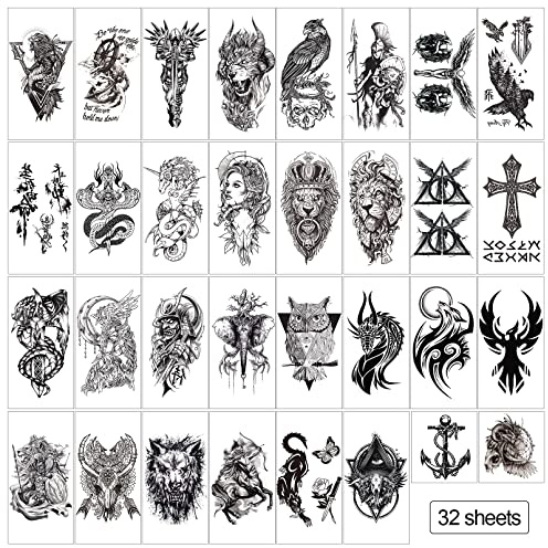 Aresvns Temporary Tattoo for Men Women and kids,32 Sheets Black Realistic Fake Tattoos Waterproof,Panda,Tiger,Bear,Wolf,Snake,Eagle,Ancient Warriors