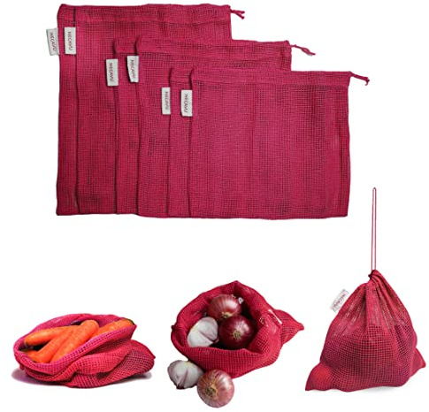 NECAVU Cotton Set of 6 Fridge Storage Bags | Eco-Friendly Natural Cotton & Mesh Net Fridge Accessories | Multi-Purpose Bags (Onion Pink), Drawstring