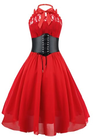 GOLDSTITCH Women's Sleeveless Gothic Lace Dress with Corset Halter Lace Swing Cocktail Dress