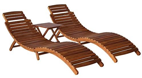 KTHLBRH Outdoor-Liegestuhl, Terrassen-Liegestuhl mit Beistelltisch, Allwetter-Liegestuhl im Freien, Terrassen-Pool-Strand-Liegestuhl,3-TLG. Sonnenliege mit Teetisch Akazie Massivholz