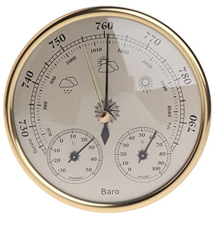 POKHDYE 3-in-1-Barometer zum Aufhängen an der Wand, Zifferblatttyp, Barometer, -30 ~ 50 ℃, 0 ~ 100 % HR, 970 ~ 1050 hPa, Barometer zum Aufhängen, goldfarben