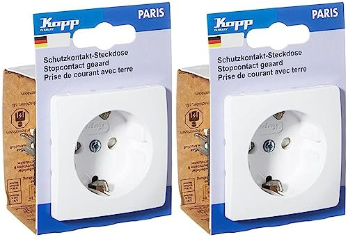 Kopp Paris 1-fach Schutzkontakt-Steckdose für den Haushalt, 250V (16A), IP20, mit erhöhtem Berührungsschutz, Unterputz, einfache Wandmontage, arktis, 920602087 (Packung mit 2)