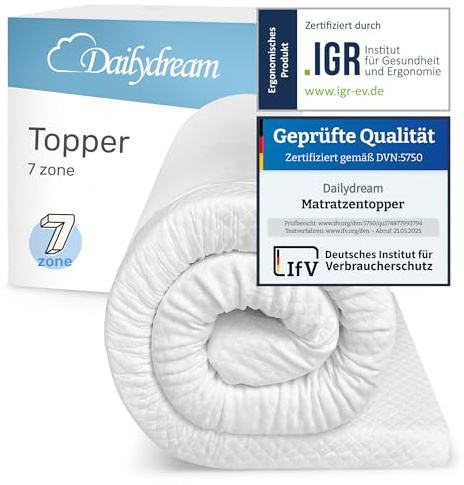 Dailydream Matratzen Topper 180x200cm | Komfortschaum | 4cm hoch | Edition 7-Zonen, Model S/M | hart | Zertifiziert & ergonomisch für unbequeme Matratze & Gästebett | Mattress Topper 180x200