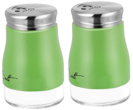 2pcs Glass Seasoning Jar with Stainless Steel Lid for Kitchen | Green Set, Mesh-hole Pour Top, Fine-polished Finish, Tabletop Use, Condiment Storage