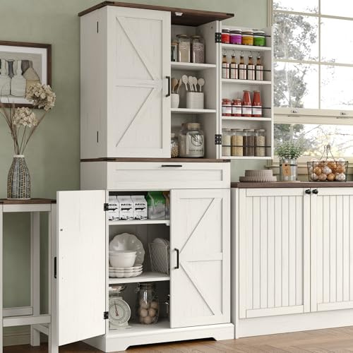 FUSOU 180cm Kitchen Cupboard Pantry Cabinet, Tall Storage Cabinet with 8 Door Shelves, 2 Cabinets and 1 Drawer, Freestanding Cupboard for Kitchen, Dining Room, Bathroom, Laundry, White