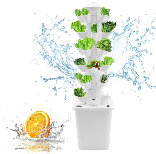 30 Pods Hydroponics Tower Garden Hydroponic Growing System, 6 Etagen Hydroponics Vertical Growing Kit, Aeroponik-Turm mit Hydratisierungspumpe, Adapter und Saatbett (Weiß)
