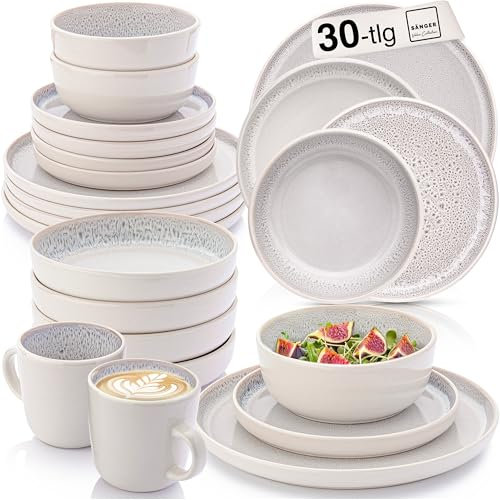 SÄNGER Kreta | Kombiservice 6 Personen, Teller Set Kaffeebecher Pastaschale 30 tlg, Steingut Geschirr Set spülmaschinen- mikrowellen- kratzfest, Geschirrset Blau mit Cremefarben| VALUE COLLECTION
