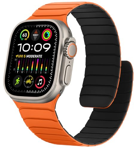 Sixmoat Correa de Silicona Magnética Compatible con Apple Watch 49mm 46mm 45mm 44mm 42mm, Cómoda Pulsera Deportiva Resistente al agua para Ultra 3 2 1 SE Series 11 10 9 8 7 6 5 4 3, Naranja-Negro