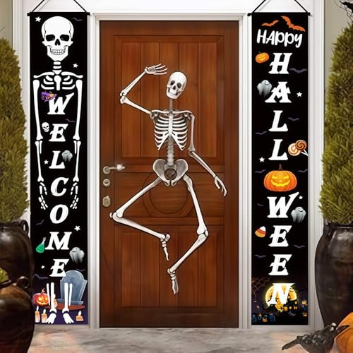 Striscione per porta di Halloween, cartello per portico, scheletro halloween, Dolcetto o Scherzetto, per Portico, Casa, Giardino, Interni ed Esterni Decorazioni Halloween