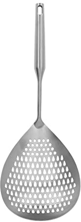 Mestolo per schiumarola in acciaio inossidabile per uso alimentare, manico lungo, cucchiaio per schiumarola a grande flusso per cucinare fritture (Argento)